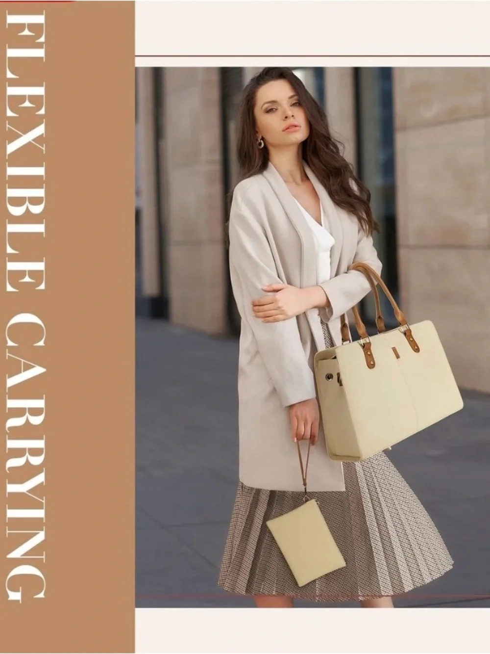 ECOSUSI Cream Vegan Leather Laptop Tote Work Bag 15.6” Purse